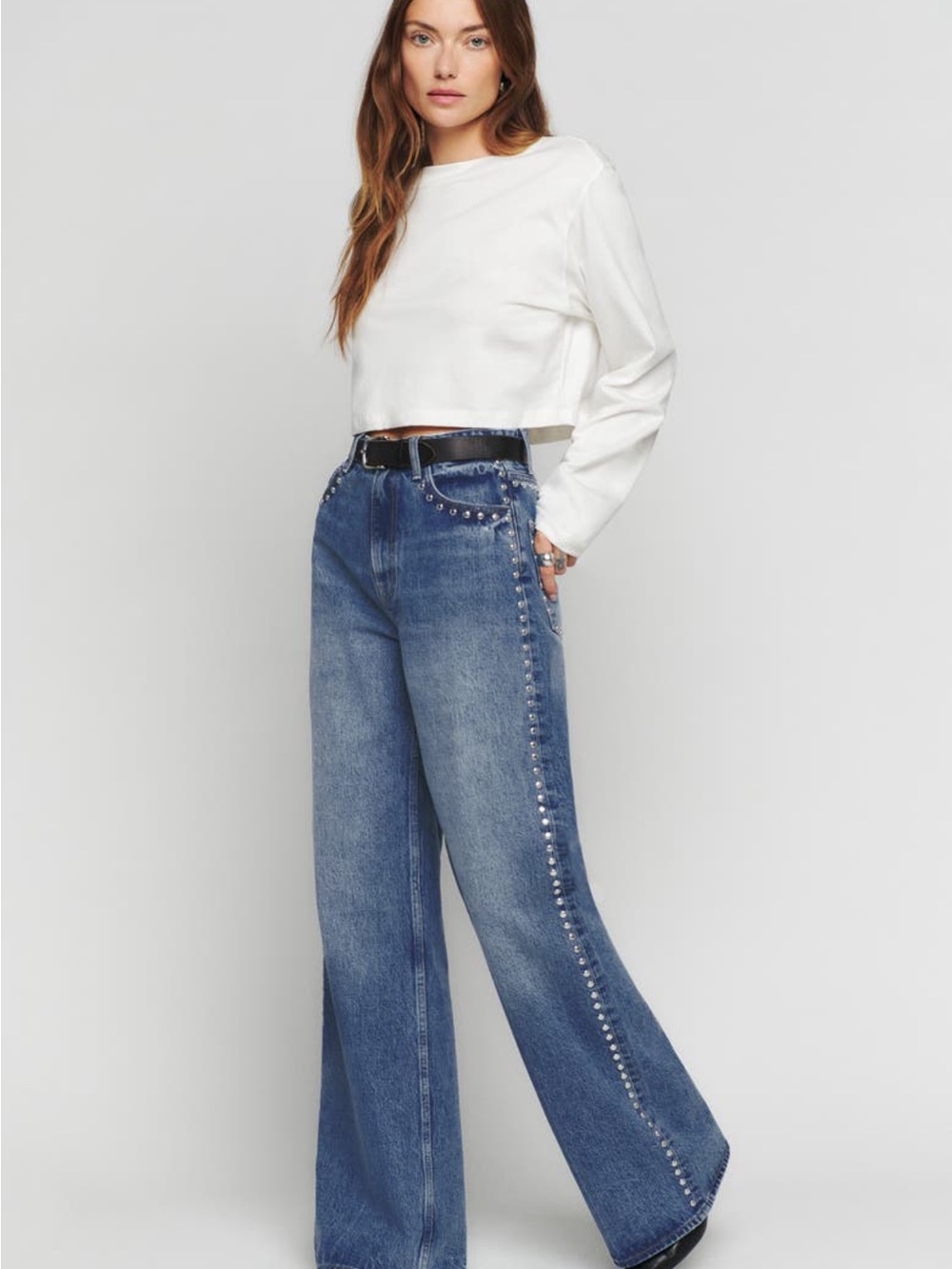Reformation Cary Chesapeake Studded High-Rise Wide Leg Jeans 26